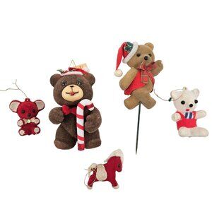 Teddy Bear And Horse Ornaments Flocked Christmas Holiday Decor Vintage Set of 5